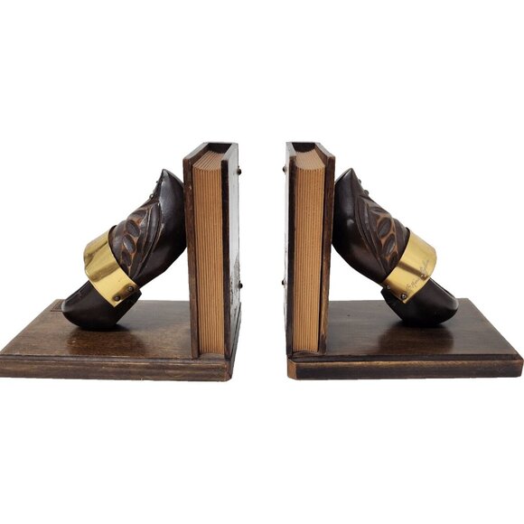 Vintage Normandie Wood Clog Shoes Design Bookends Pair Brown Rustic Primitive - Picture 1 of 13